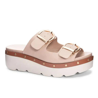 Beige Taylor platform sandal with gold buckle straps and chunky sole