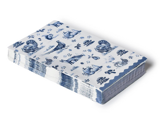 Falling for Blue Toile dinner napkins featuring blue toile illustrations of turkeys, pheasants, foxes, pumpkins, mushrooms, and autumn foliage.