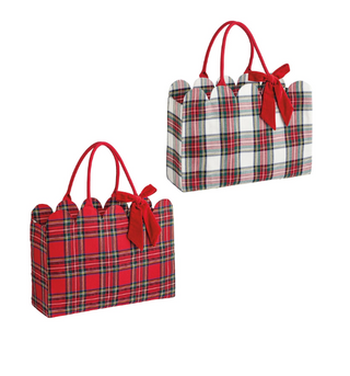 Tartan Scallop Totes featuring woven tartan fabric, scalloped edges, velvet bow accents, cotton webbing handles, and a laminated wipe-clean interior.