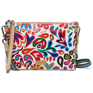 Consuela Bianca Midtown Crossbody bag with colorful printed exterior and woven strap