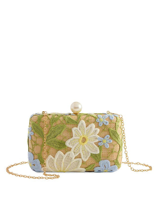 Shiraleah Talia Minaudière Multi floral embroidered box clutch with pearl clasp and gold chain strap