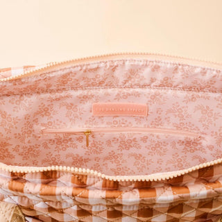 Maple gingham everyday tote with quilted handles and ruffle detailing