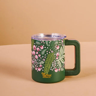 Jolly Sprig 14 oz insulated mug by The Darling Effect

Green holiday mug with pink berry print and clear lid

Festive insulated stainless steel mug with handle

The Darling Effect Jolly Sprig travel mug with lid