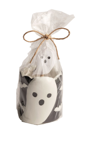 Halloween Toothpick Caddy Set featuring hand-painted ceramic holders with ghost, pumpkin, skeleton, and candy corn designs, including six decorative wooden toothpicks with cardstock toppers.