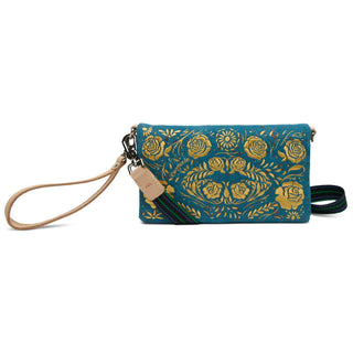 “Consuela Shiloh Uptown Crossbody teal suede with gold embroidery”

“Shiloh Consuela embroidered floral crossbody with wristlet strap”

“Interior of Consuela Shiloh Uptown Crossbody with card slots and zipper pockets”

“Consuela Shiloh teal suede wallet bag with detachable strap”

“Embroidered Consuela crossbody wallet in teal and bronze metallic”