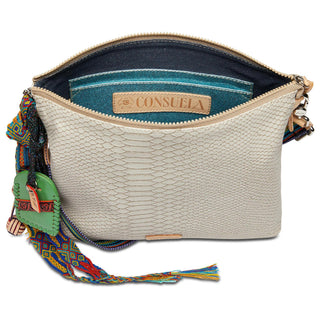 “Consuela Marilynn Midtown Crossbody with embossed snake print exterior”

“Cream snake print Consuela crossbody bag with colorful woven strap”

“Consuela Marilynn crossbody featuring hand-painted tag and leather tassel”

“Interior view of Consuela Marilynn Crossbody with teal lining and card slots”

“Embossed snake print crossbody with detachable rainbow strap by Consuela”