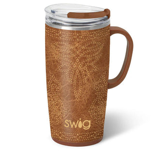 Swig Saddle Stitch Cognac tumbler with handle and faux leather stitched print