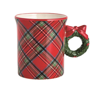 Stoneware tartan mug with red bow handle and green rim

Red tartan plaid Christmas mug with winking snowman handle

Holiday tartan mug with figural Santa holding candy cane handle

Festive red plaid mug with figural wreath handle and red bow

