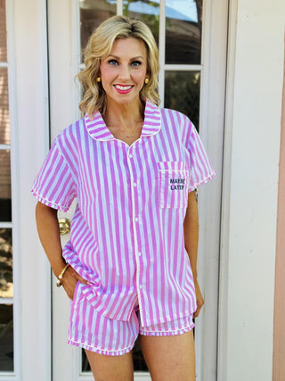 Pink cabana striped pajama short set with button-down shirt and matching shorts