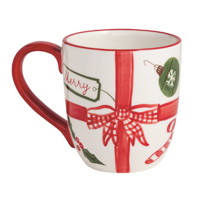 Hand-painted ceramic Christmas mugs available in three festive designs featuring a Christmas tree, Santa Claus, and a wrapped gift with a red bow.