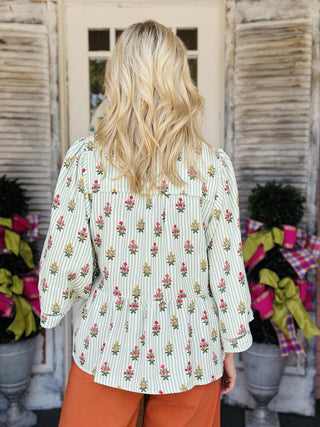 Janie top with green stripes and floral print