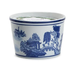 Hand-painted blue and white Chinoiserie porcelain deli holder with floral and scenic patterns.