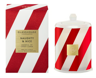 Glasshouse Fragrances Naughty & Nice Candle with festive candy cane scent