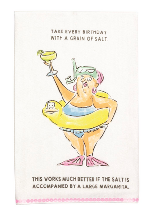 Sequin birthday cotton hand towel with funny aging illustration