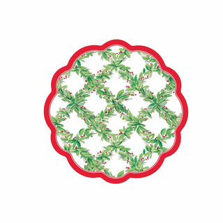 Holly Berry scalloped appetizer and dessert plate with red trim

Rosanne Beck holiday paper plate with holly berry trellis pattern

Christmas greenery scalloped paper plate with red border

Festive disposable dessert plate with holly and berries

Holiday appetizer plate from the Holly Berry collection
