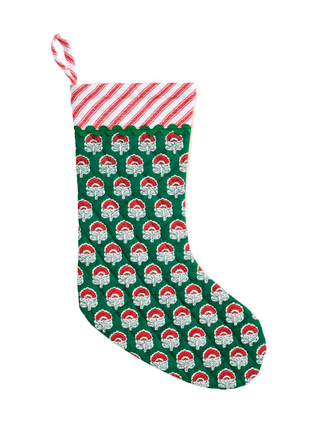 Green Christmas Block Print Stocking featuring a festive green block print, French ticking stripe cuff, ric-rac trim, and canvas backing.