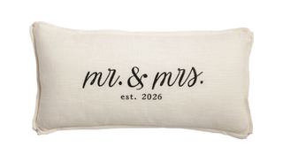 Mr and Mrs embroidered cotton pillow with est 2026 detail