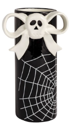 Halloween Stem Vases featuring hand-painted ceramic designs with dimensional pumpkin, ghost, spider web, and ghost trick-or-treat icons.