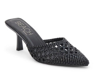 Black woven faux leather Tia heels with pointed toe and slip-on mule design
