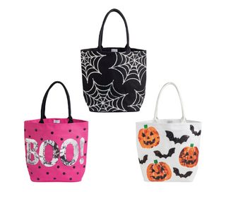 Halloween Sparkle Totes featuring sequin appliqué designs including BOO!, spider webs, and jack-o'-lanterns with cotton webbing handles.