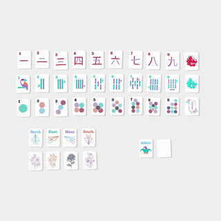 Mini Mahjer Complete Game OG Edition with colorful mahjong tiles, acrylic racks, neoprene playing mat, instruction cards, and storage bag.