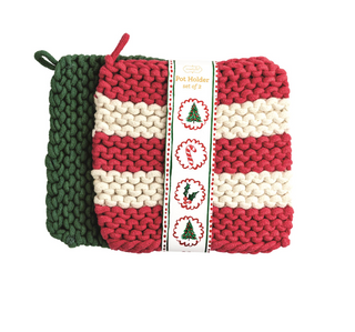 Red Stripe Pot Holder Set featuring two chunky crochet knit pot holders in festive red, cream, and green with hanging loops for holiday kitchens.