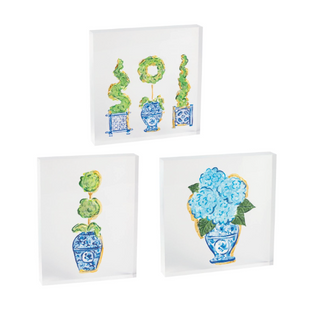 Topiary acrylic plaque with blue and white planter design