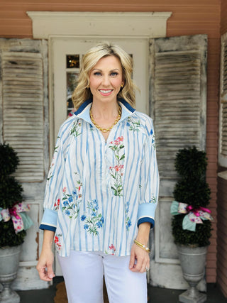 Juniper blouse blue stripe floral 3/4 sleeve half zip top