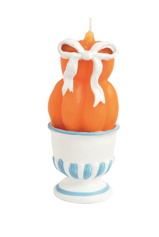 Pumpkin Topiary Candles featuring figural stacked pumpkins with elegant blue bows, wrapped in cello for fall decorating and gifting.