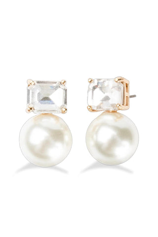 Gold-plated post earrings with rectangular crystal top and round glass pearl drop

Elegant stud earrings featuring crystal accent and classic pearl design

Audrey Pearl Post Earrings in gold pearl and white pearl color options