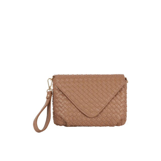 Taupe: Taupe woven faux leather wristlet crossbody with gold hardware

Tan: Tan woven vegan leather wristlet crossbody bag with detachable strap

Both: Woven vegan leather clutch with wristlet and crossbody strap in neutral tones

