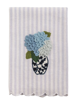 Topiary tea towel with embroidered plant and striped background