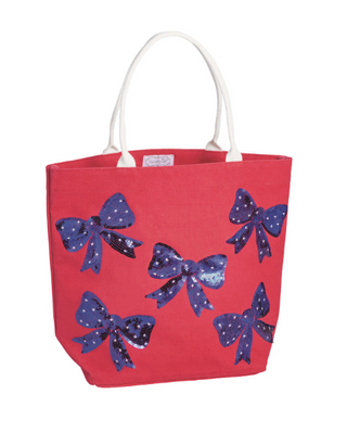 Americana sparkle tote bag with sequin bows and cotton webbing handles
