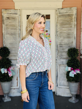 Brynn Sunshower top with floral print and ruffle neckline