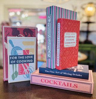 Linen decorative book storage boxes with vintage cookbook and cocktail book designs
