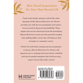 Minute Motivators for Women devotional book with pink floral cover

Christian women’s devotional Minute Motivators for Women

Minute Motivators for Women bite-sized devotional book

Women’s Christian devotional for daily encouragement

Minute Motivators for Women by Harvest House Publishers