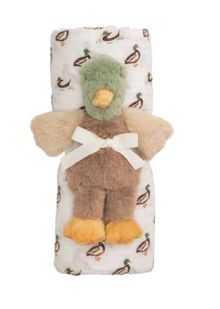 Mallard muslin swaddle blanket rolled with plush mallard duck baby rattle tied with cream ribbon