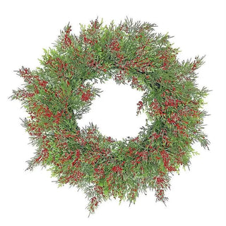 Cypress Wreath W/Tiny Red, Berries, 22", Green/Red