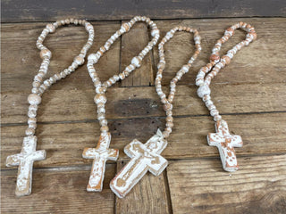 Handmade Trinity Clay Rosary featuring natural clay beads and a rustic clay cross with a distressed white finish.