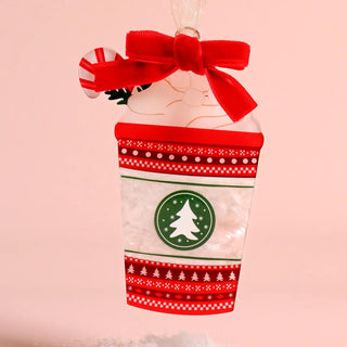 Peppermint Latte acrylic Christmas ornament with red velvet bow
