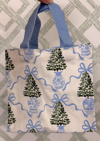 Petite Carry Tote Winter Pines with Blue Bows and Christmas Trees