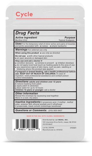 Cycle wearable wellness patch applied to lower abdomen for period relief

Cycle dermal wellness patch with menthol for menstrual comfort

Wearable Cycle patch for targeted period pain relief

Cycle wellness patch with 4-way stretch fabric for daily comfort