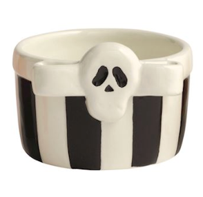Hand-painted ceramic Halloween tidbit dishes with black and orange striped designs featuring raised ghost, skull, candy corn, bat, and bow accents.