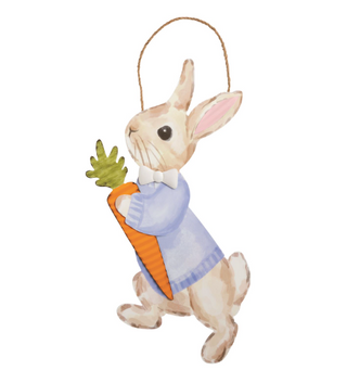 Bunny door hanger made of tin with jute twine