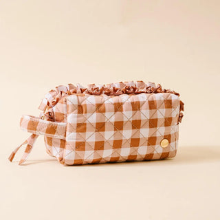 Maple Gingham Quilted Cosmetic Pouch with ruffle trim and gold zipper