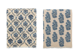 Blue cotton block print throw blanket with floral pattern