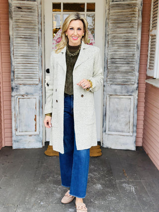 Giana oatmeal open coatigan with double breasted button detail