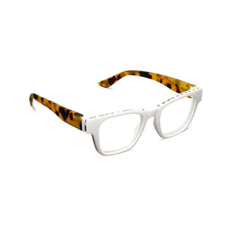 "Bernadette White Peepers Blue Light glasses with chunky square frame"

"White Peepers Bernadette glasses with tortoise temples and checkered detail"

"Blue light filtering Bernadette eyewear in White with Tokyo Tortoise arms"

"Bold square Bernadette White Peepers glasses with playful design"