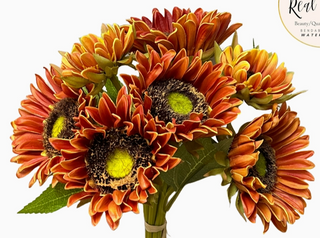 Sunset Fall Sunflower faux stem with realistic orange and rust petals, textured center, and lifelike green stem.