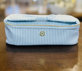 Blue stripe cosmetic bags set with zipper closure